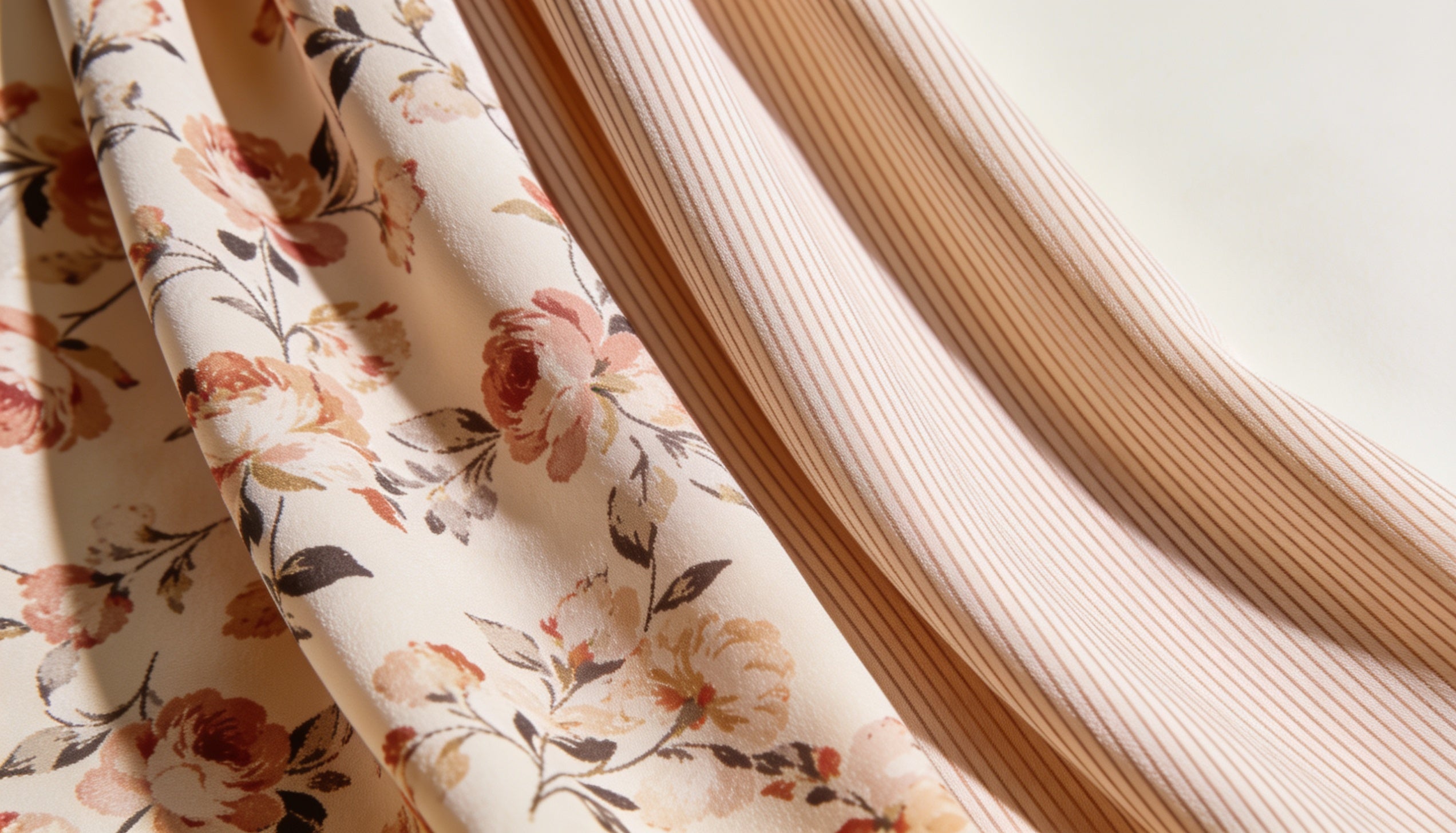 Dois tecidos estampados combinados: estampa floral ao lado de listras finas