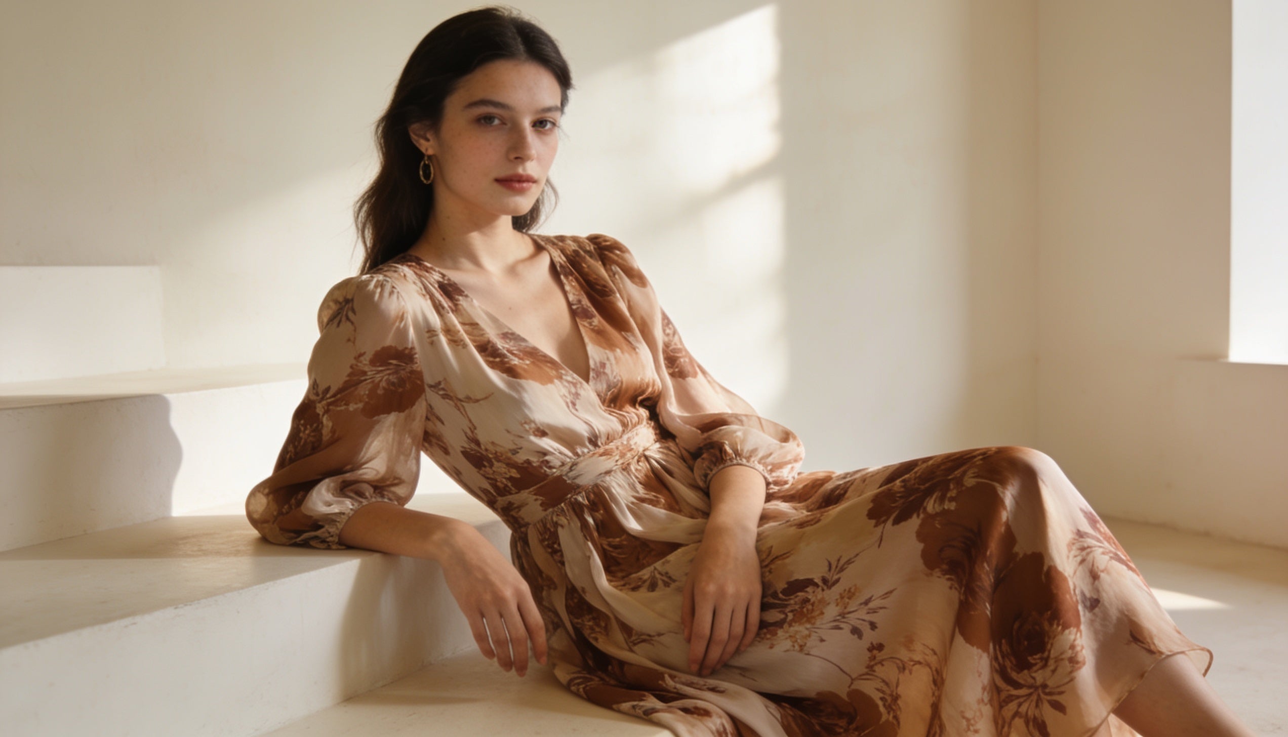 Mulher usando vestido estampado fluido em ensaio editorial de moda