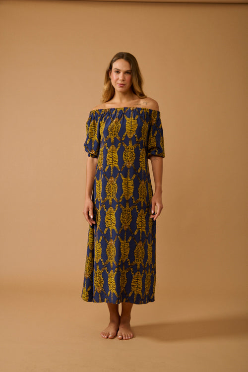 VESTIDO BARDOT TIGRE AZUL
