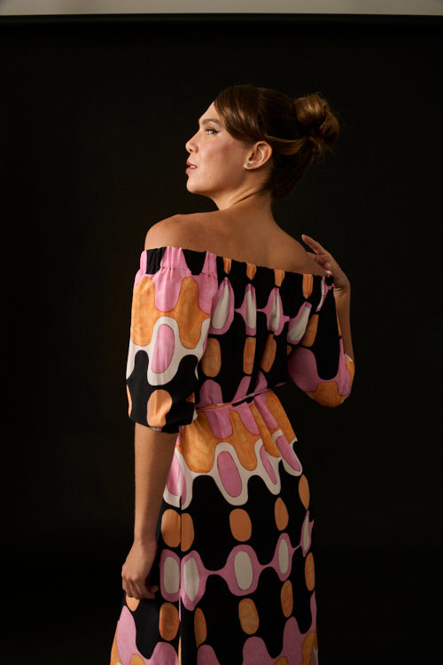VESTIDO BARDOT IPANEMA ROSA E LARANJA