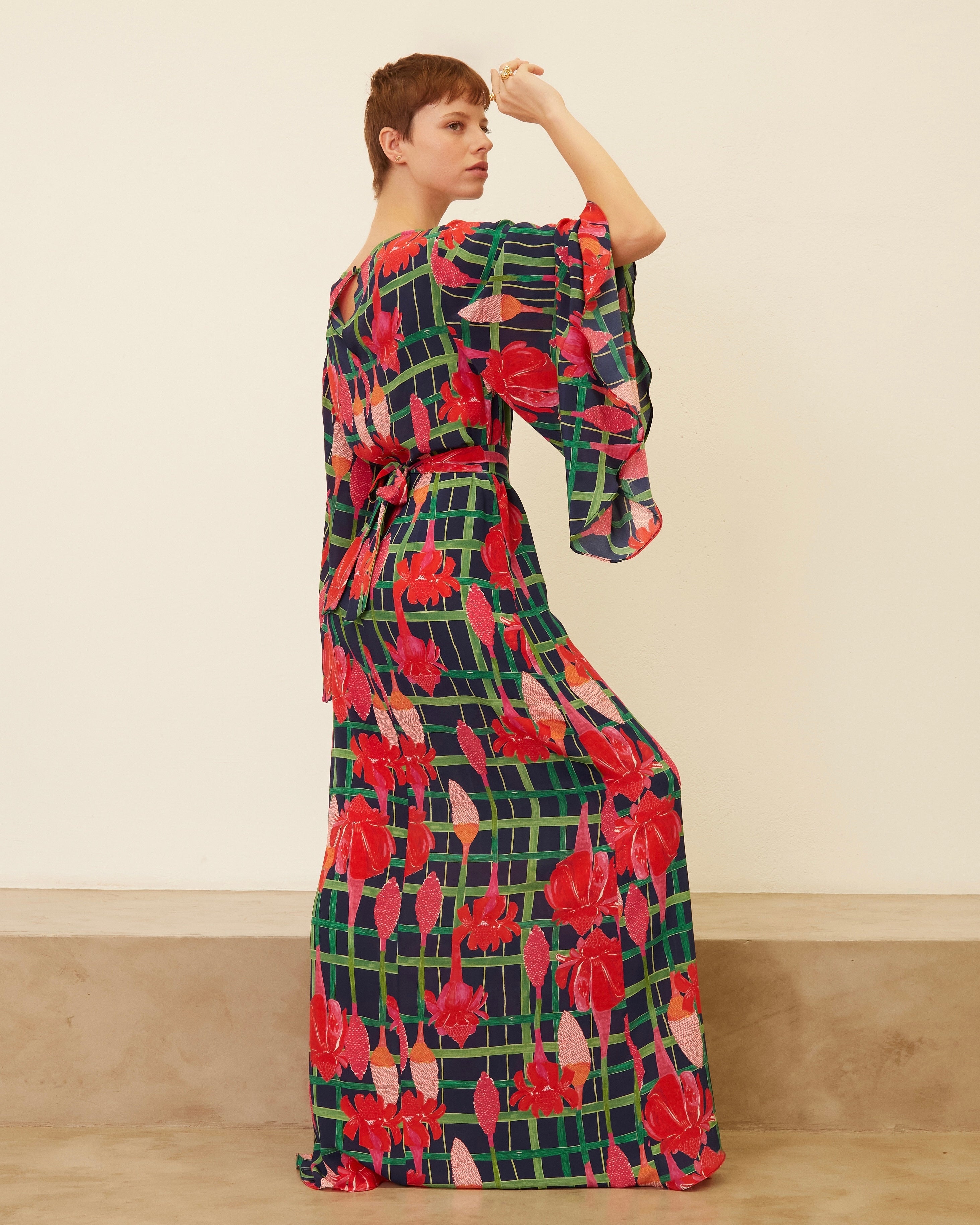 VESTIDO LELÊ LONGO BASTÃO XADREZ AZUL