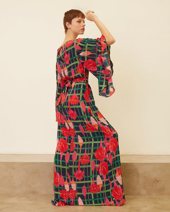 VESTIDO LELE LONGO BASTÃO XADREZ AZUL