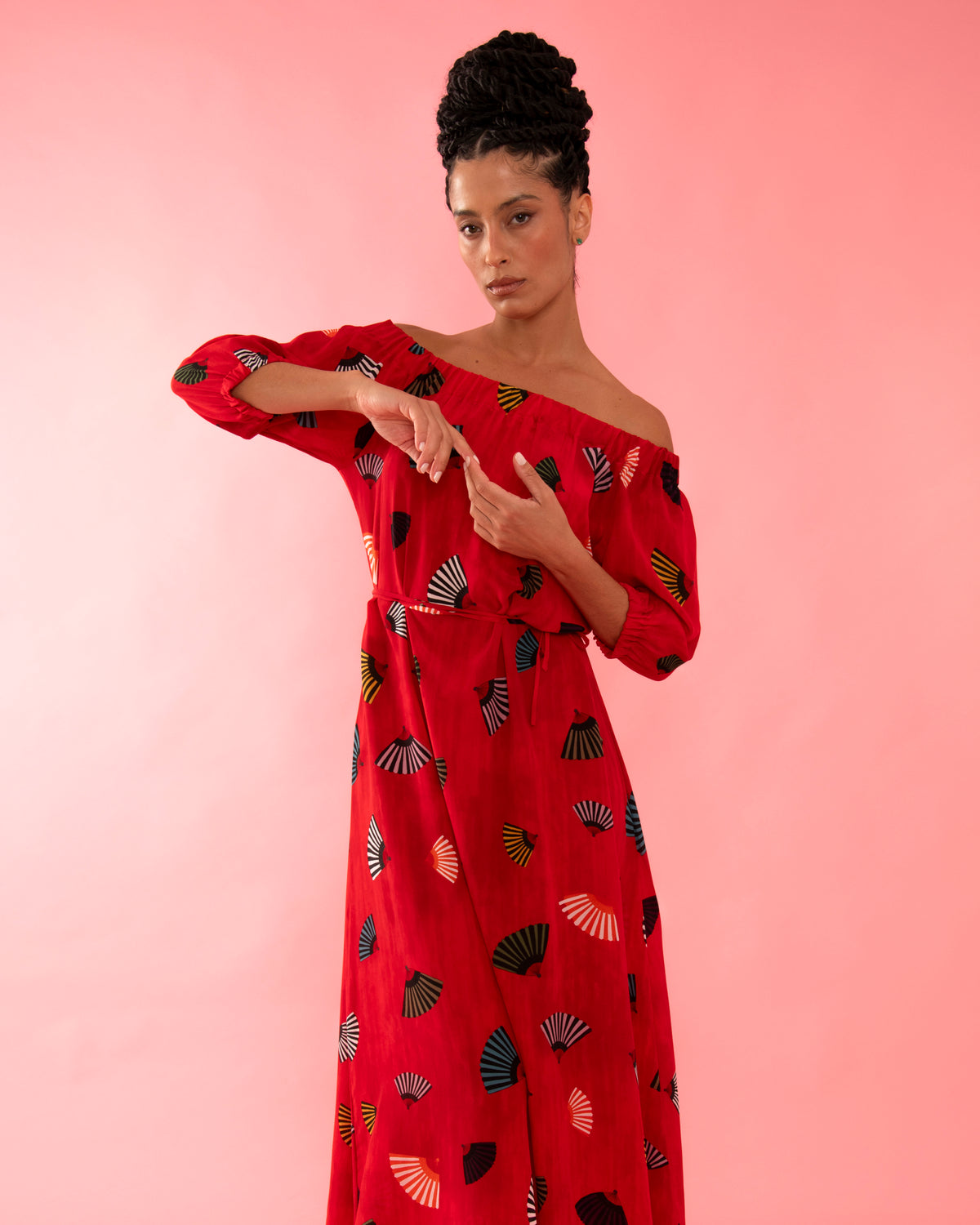 VESTIDO BARDOT LEQUES VERMELHO