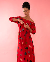 VESTIDO BARDOT LEQUES VERMELHO