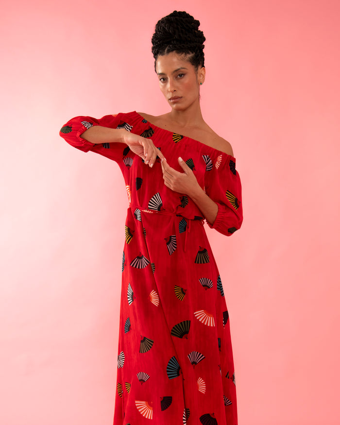 VESTIDO BARDOT LEQUES VERMELHO