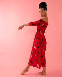 VESTIDO BARDOT LEQUES VERMELHO