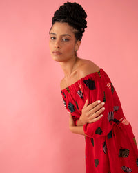 VESTIDO BARDOT LEQUES VERMELHO