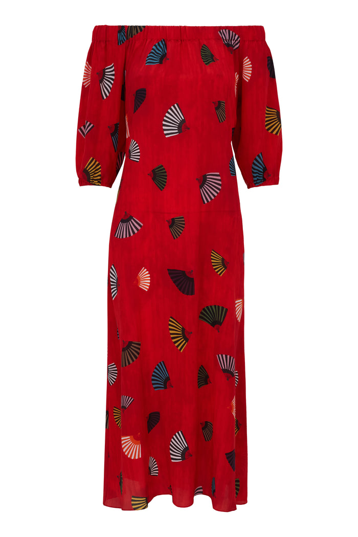 VESTIDO BARDOT LEQUES VERMELHO