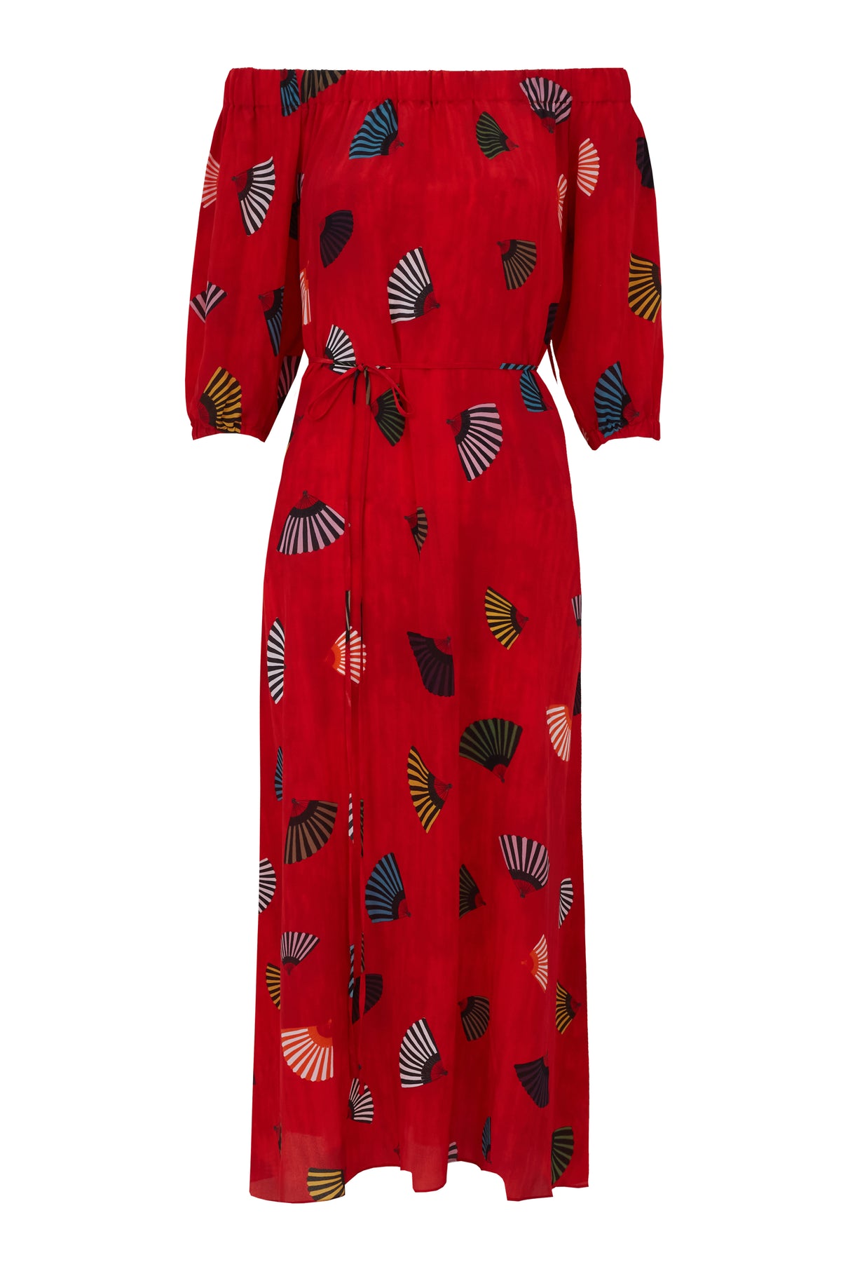 VESTIDO BARDOT LEQUES VERMELHO