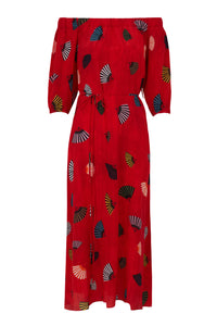 VESTIDO BARDOT LEQUES VERMELHO