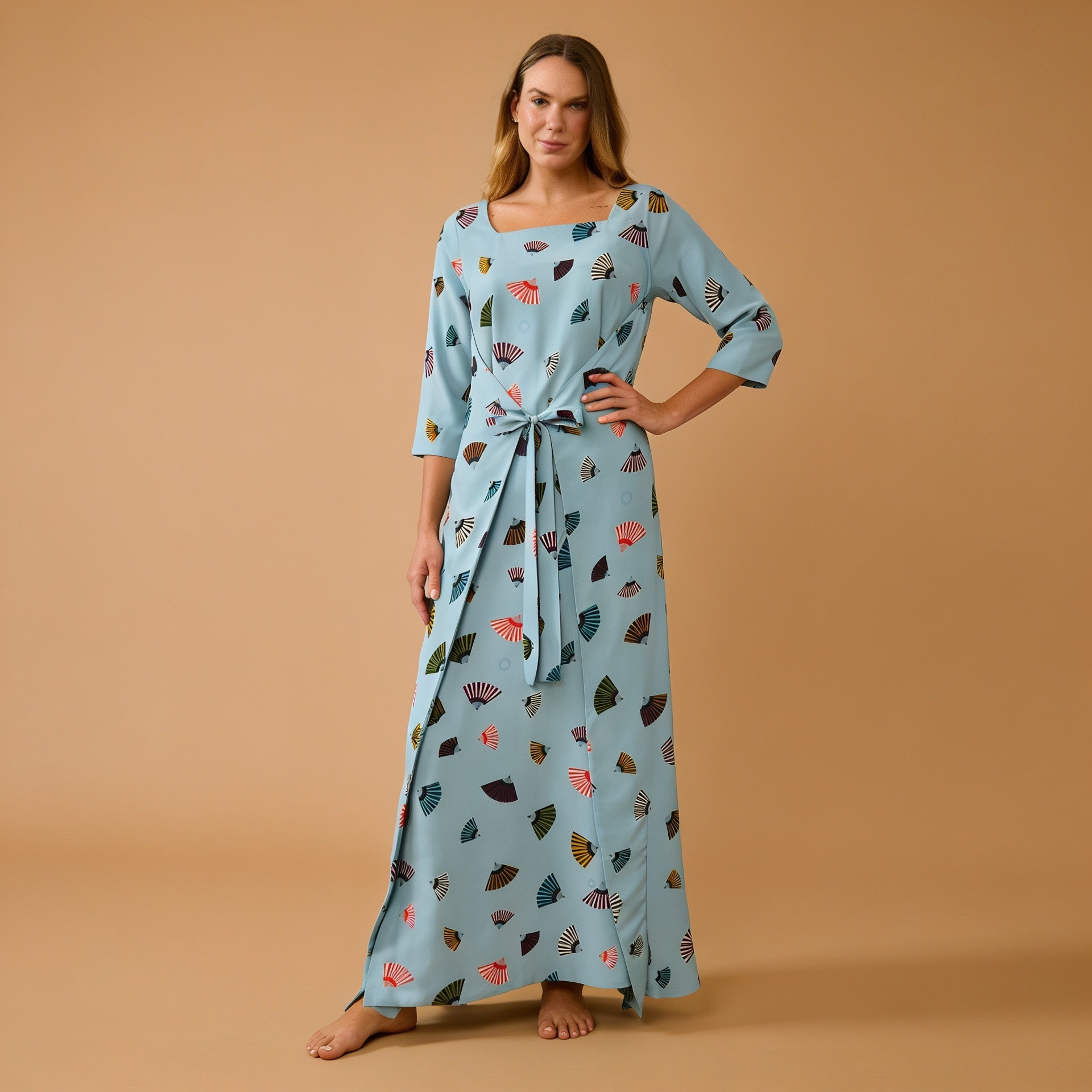 VESTIDO ASA LONGO LEQUES AZUL