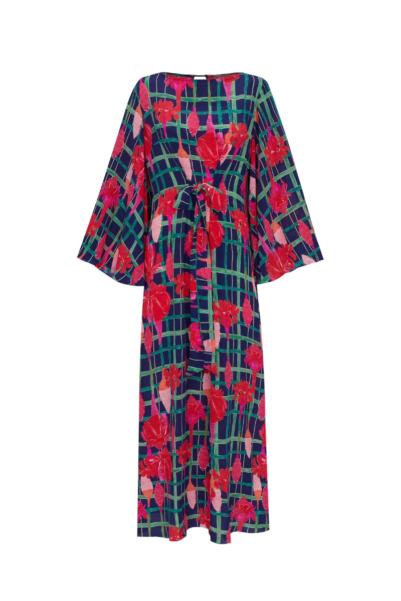 VESTIDO LELÊ LONGO BASTÃO XADREZ AZUL