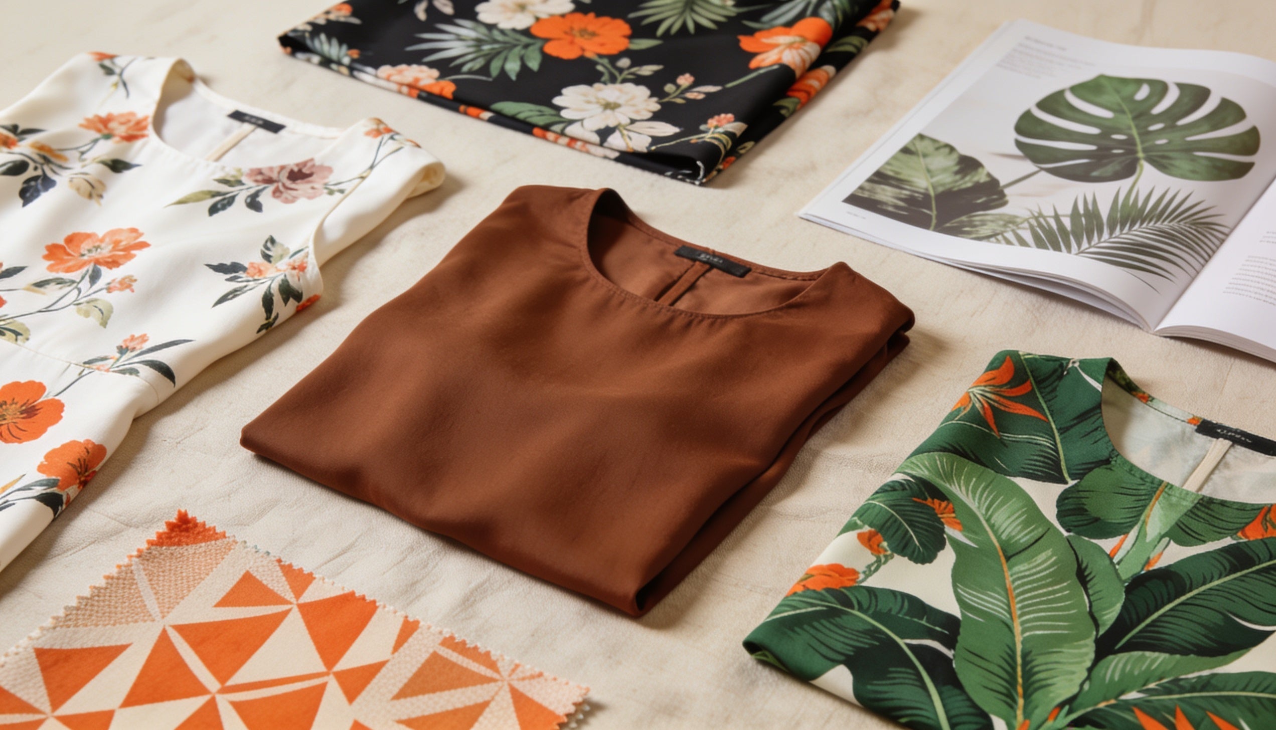 Composição editorial com peças de roupa estampadas: florais, tropicais e geométricas