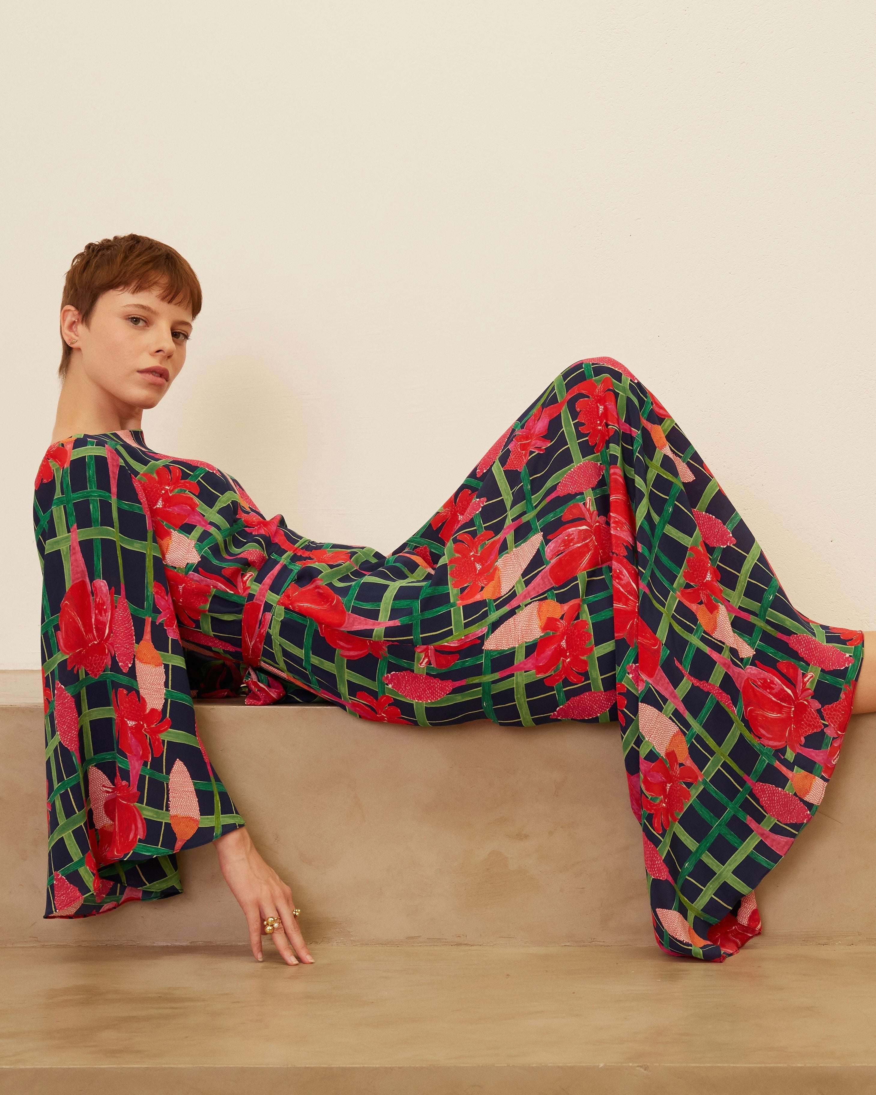 VESTIDO LELÊ LONGO BASTÃO XADREZ AZUL