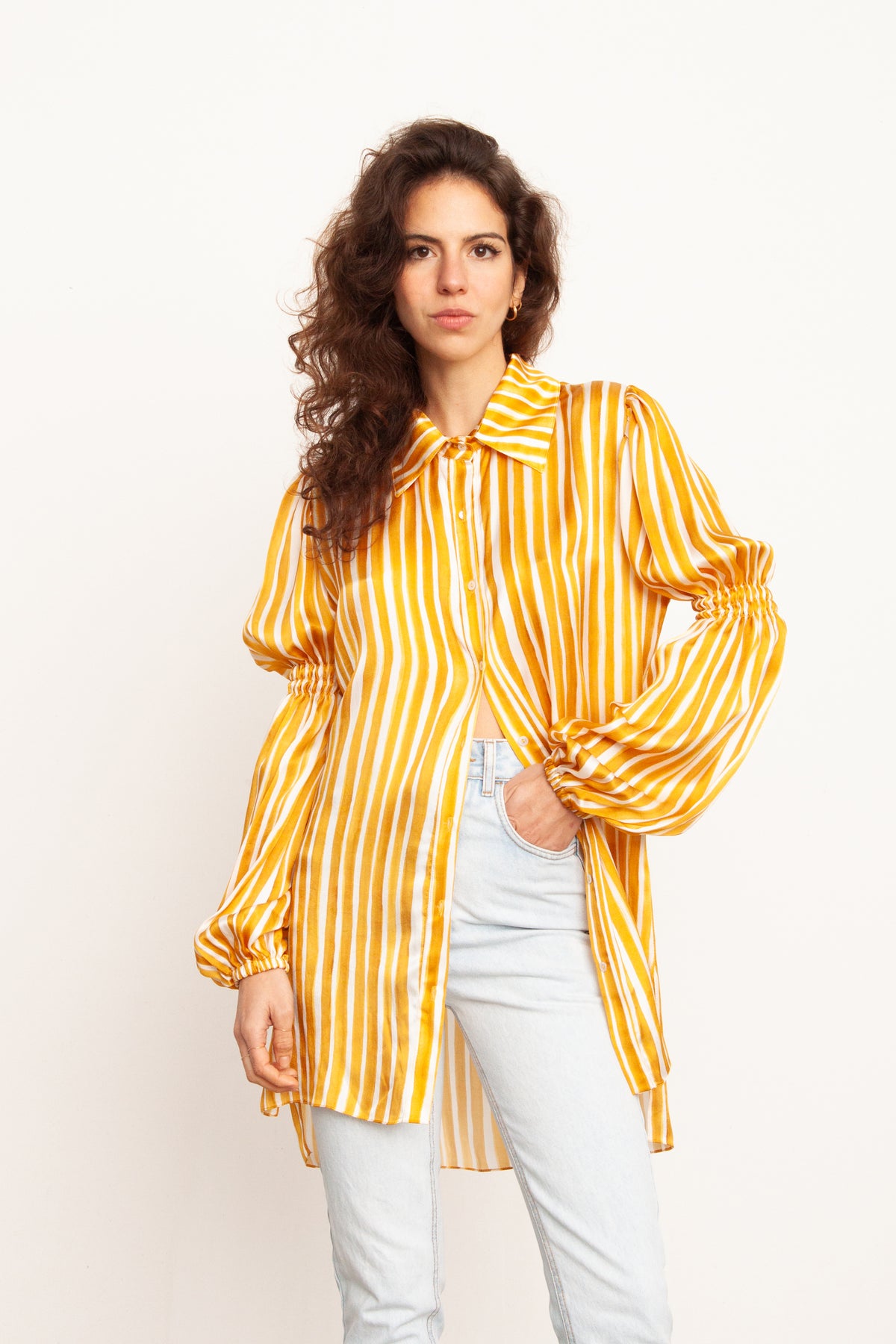 CAMISA FRIDA LONGA STRIPES MOSTARDA